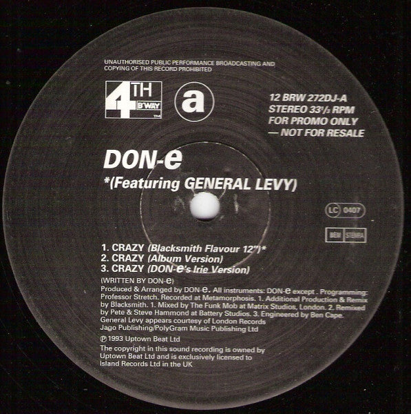 DON-E Featuring General Levy : Crazy (12", Promo)