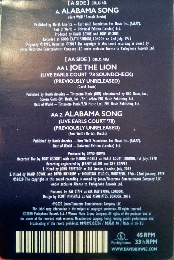 David Bowie : Alabama Song (7", Ltd, Pic)