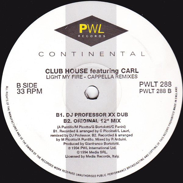 Club House Featuring Carl Fanini : Light My Fire (The Cappella Remixes) (12", Single)