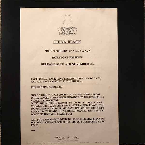 China Black : Don't Throw It All Away (Rokstone Remixes) (12", Promo)