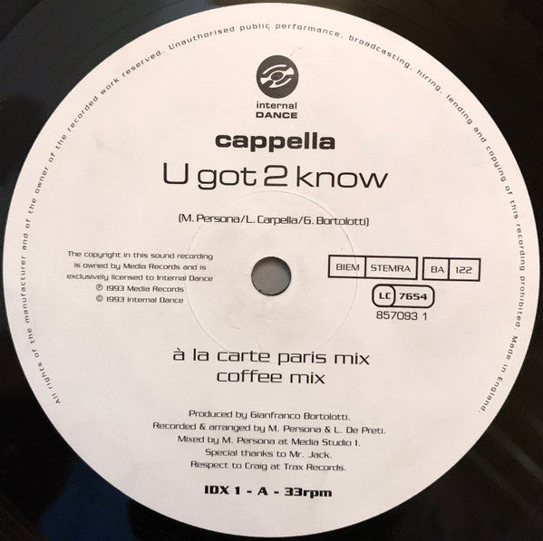 Cappella : U Got 2 Know (12")