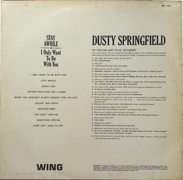 Dusty Springfield : Stay Awhile (LP, Album, RE)