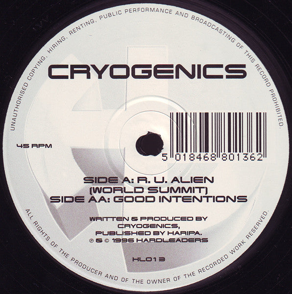 Cryogenics : R. U. Alien (World Summit) / Good Intentions (12")