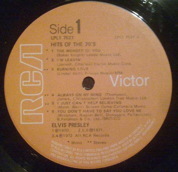 Elvis Presley : Hits Of The 70's (LP, Comp, Mono, RE)