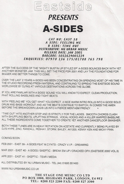A-Sides : Feeling Me / Time Out (12", Promo, W/Lbl, Sti)