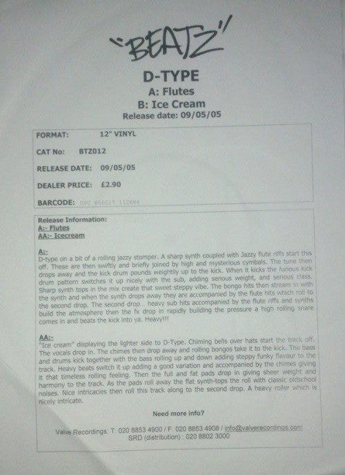 D-Type : Flutes / Ice Cream (12", Promo, W/Lbl)