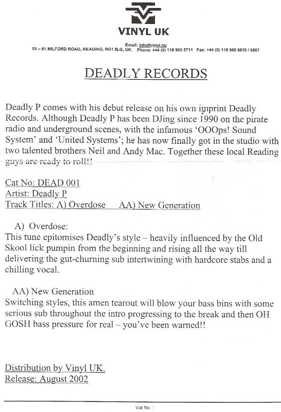 Deadly P : Overdose / New Generation (12", Promo, W/Lbl)