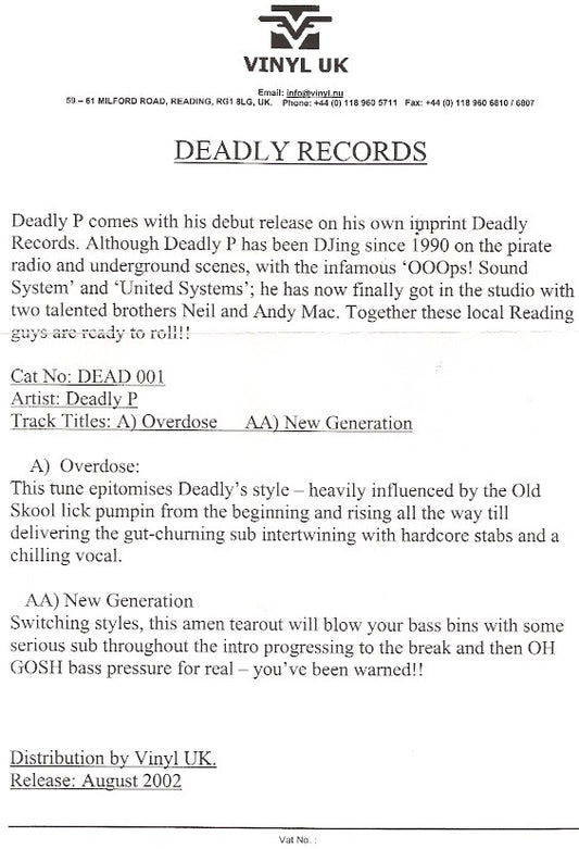 Deadly P : Overdose / New Generation (12", Promo, W/Lbl)
