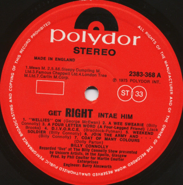 Billy Connolly : Get Right Intae Him (LP, Album, Gat)