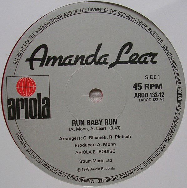 Amanda Lear : Run Baby Run (12", Single, Ltd, Red)